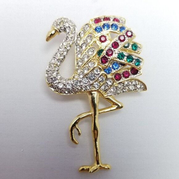 Vintage Colorful Rhinestone Flamingo Bird Shape Brooch, Encrusted Lapel Pin - Picture 2 of 6